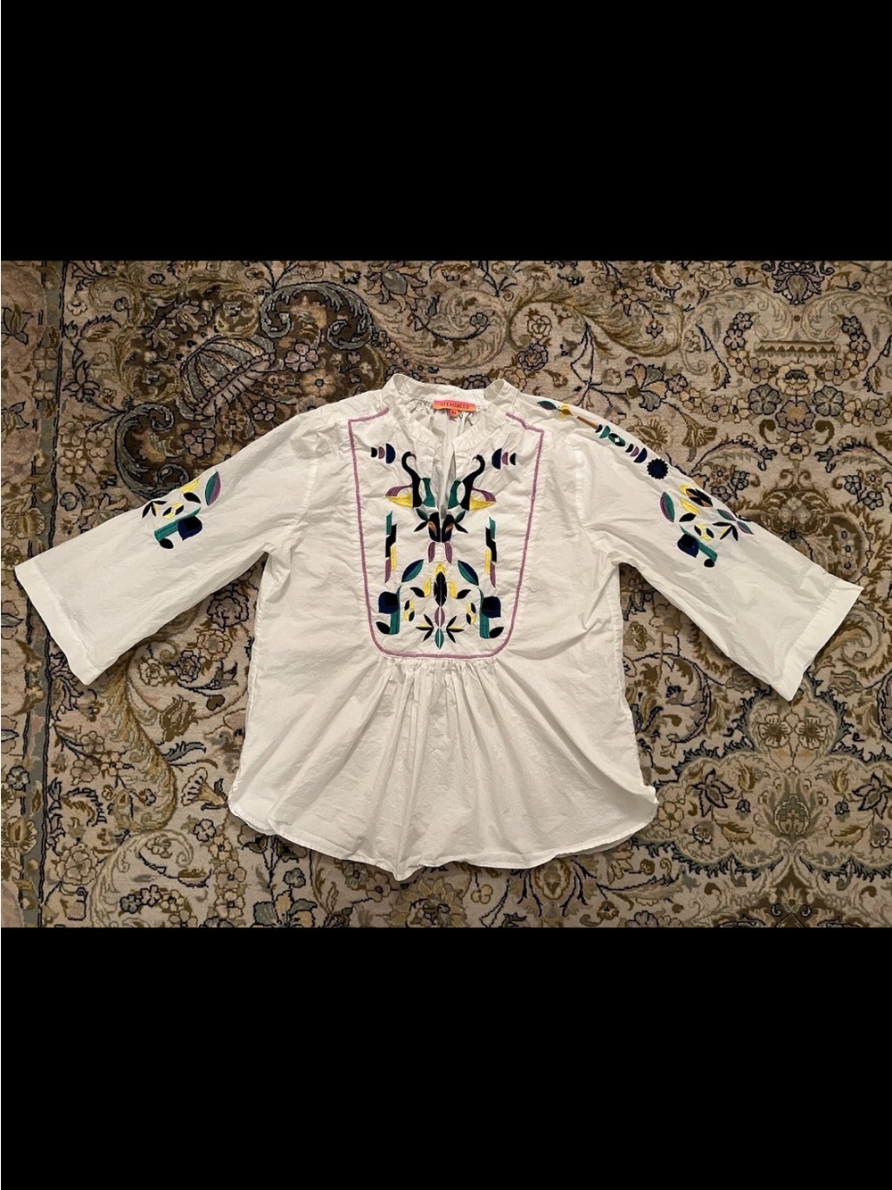 Vilagallo White Tunic with Multicolor Embroidery blouse m medium beads I42